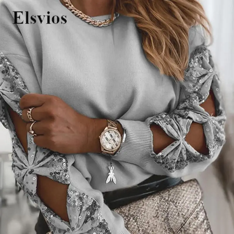 

Female Sexy Hollow Bow Shape Sequin Tee Pullover Autumn Fashion Women Loose Tops Hoodies Winter Vintage Casual O Neck Sweatshirt
