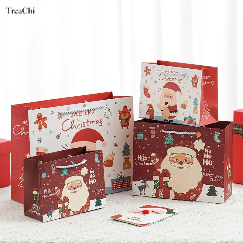 New Santa Claus Elk Handheld Gift Bag Thickened Horizontal Paper Bags Christmas Day Gift Packaging Supplies Wholesale 12Pcs