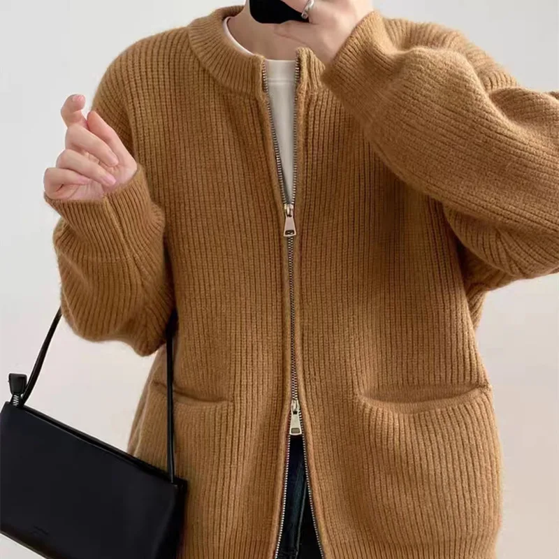 Grey Knitted Thick Warm Cardigan Women Zipper Cropped Sweaters Vintage Solid Casual Knitwear Coat Pockets Short Jumpers Jackets