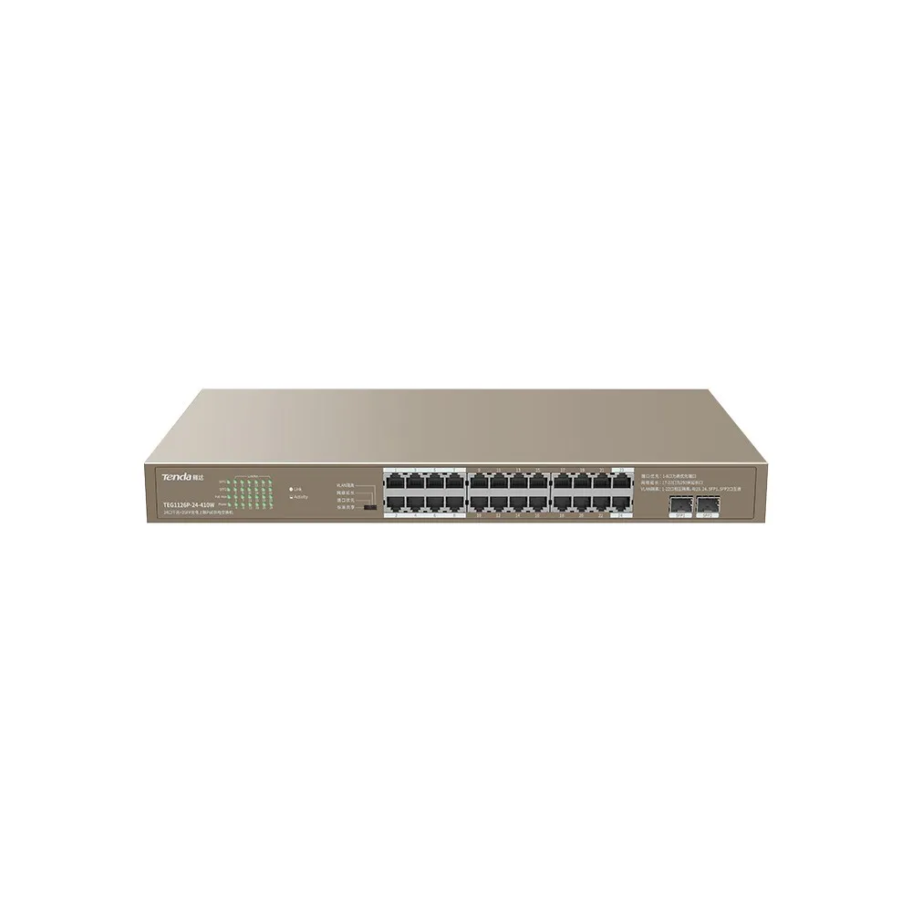 

Tenda Gigabit POE Switch TEG1126P-24-410W 24GE+2SFP Ethernet Switch With 24-Port PoE capacity 48G