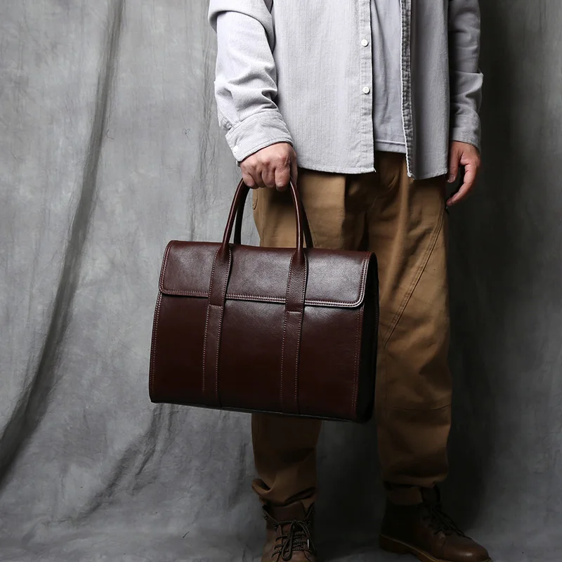 NZPJ Vintage Genuine Leather Men's Briefcase Natural Cowhide Handbag Casual Men Bag Wearable Luggage  For 14 Inch Laptops
