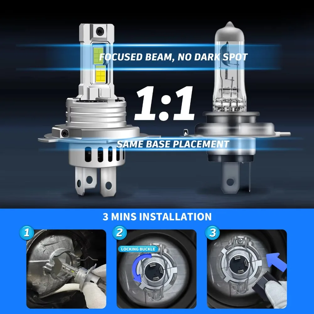 2개입 CANBUS H4 LED 오토바이 전구 6500K 30000LM 110W 9003 HB2 CSP LED 상하향등 무선 팬리스 미니 사이즈 (펀 기능 포함)