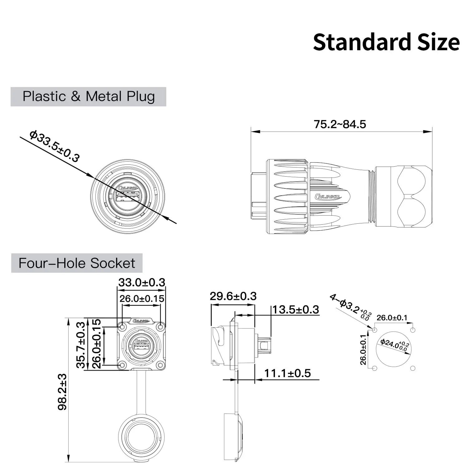 Connecteur USB étanche IP68 CNLINKO 1/4 baïonnette 0.5/1/2m