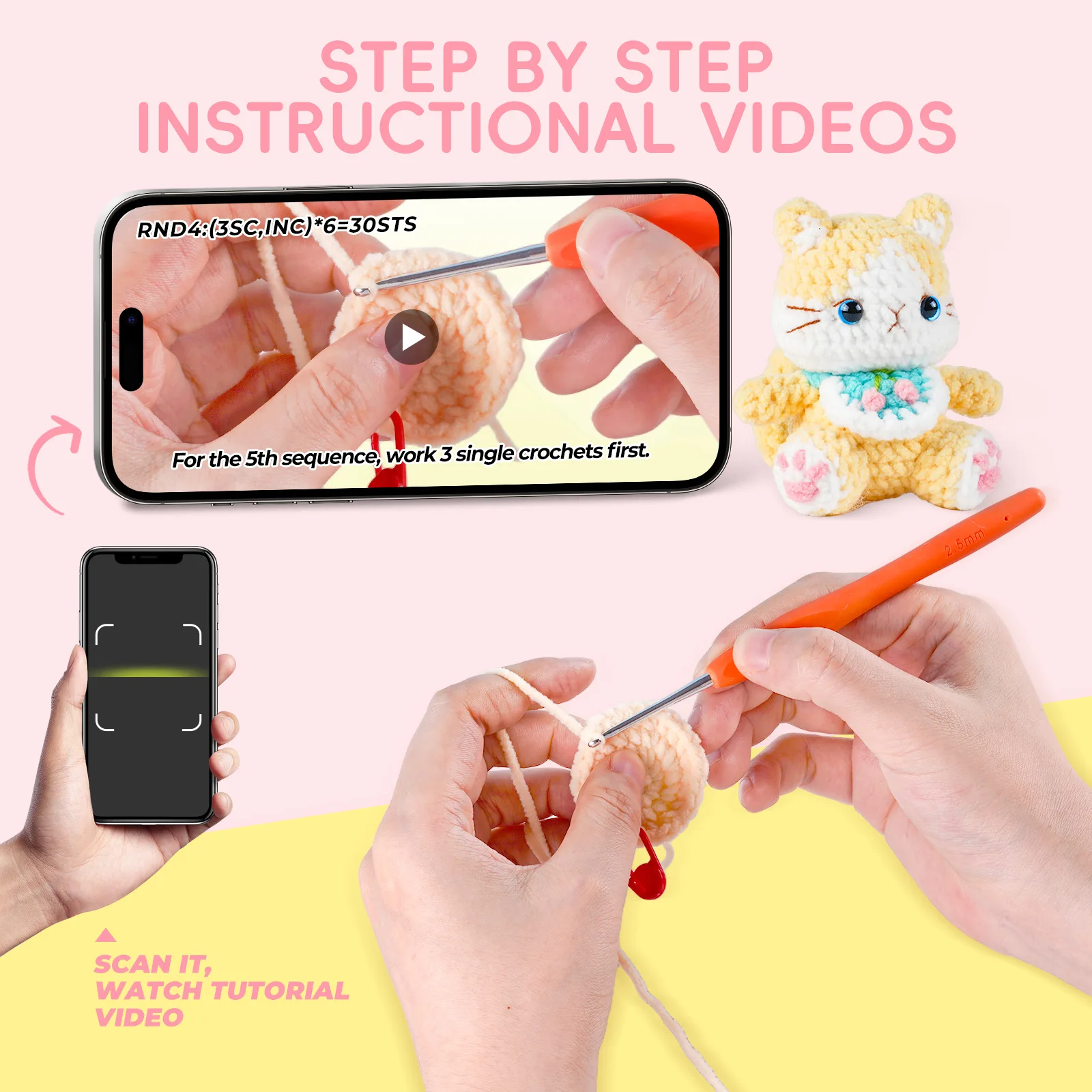 수제 고양이 아미구루미 인형 셔닐 원사 크로셰 키트 (초보자용 DIY 공예 키트, 패턴 포함) 귀여운 동물 생일 선물