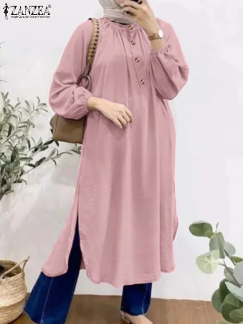 Elegant Women 3/4 Sleeve Split Hem Long Shirt ZANZEA Autumn Fashion Islamic  Clothing Solid Muslim Blouse Abaya Hijab Tops Tunic - AliExpress