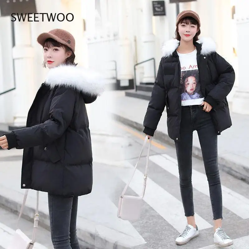 Casual Harajuku Winter Coat Women Puffer Korean Fur Collar Thick Warm Parkas Female Oversized Hooded Jacket Mujer Slim tide 2022