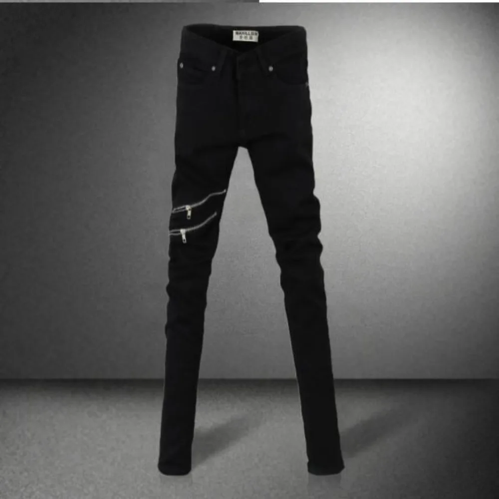 Casual Zipper Designer Men's Jeans Denim Pants Spring and Autumn Korean New Trendy Black Slim Elastic Pencil Trousers Male