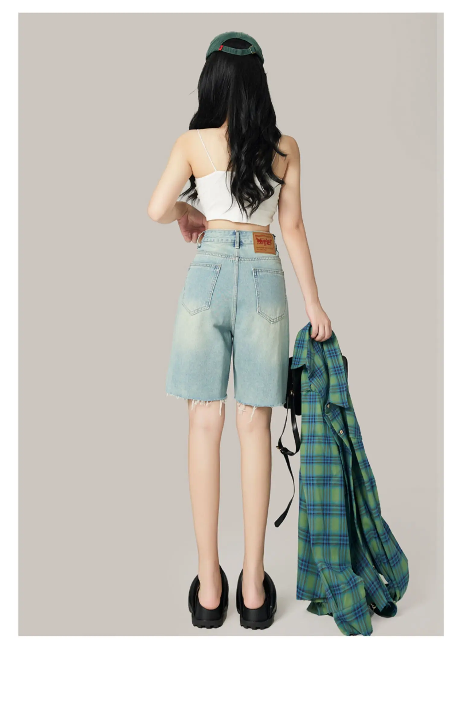 Cropped Denim Shorts Women's Gradient Blue Fashion Loose Spring Summer New High Waist Casual All-Match Wide Leg Mid-Length Thin