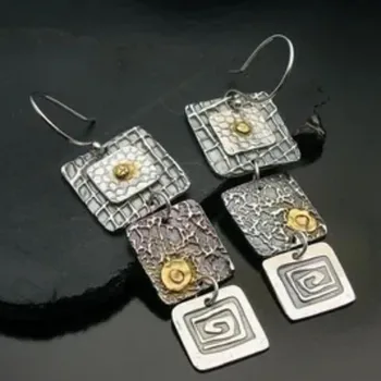 New tribal geometric carving square metal earrings punk jewelry handmade pendant earrings for women