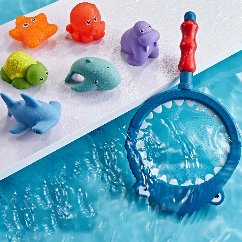 Baby Bath Rubber Toys Spray Water Net Fishing Set Children Animal Kneading  Vocal Floating Toys Baby Net Fish Games Bathroom Toy - AliExpress