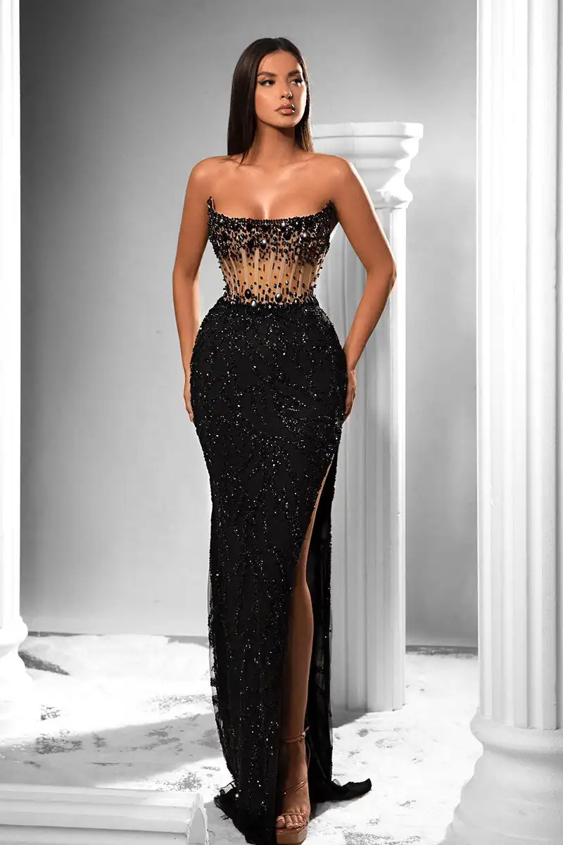 Black Evening Dresses Beaded Illusion Strapless Mermaid Sequined Sparkly High Slit Sexy Formal Party Wedding Prom Gowns Custom