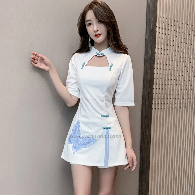 chinese qipao oriental party dress flower embroidery improved cheongsam nightclub banquet dress beauty spa uniform