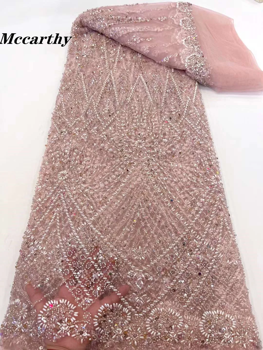 

Luxury Handmade Beaded Lace Fabric with Embroidery 3D Stones Materials African Dubai Pearl Tulle Dress Lace Fabric Sewing XC100Y