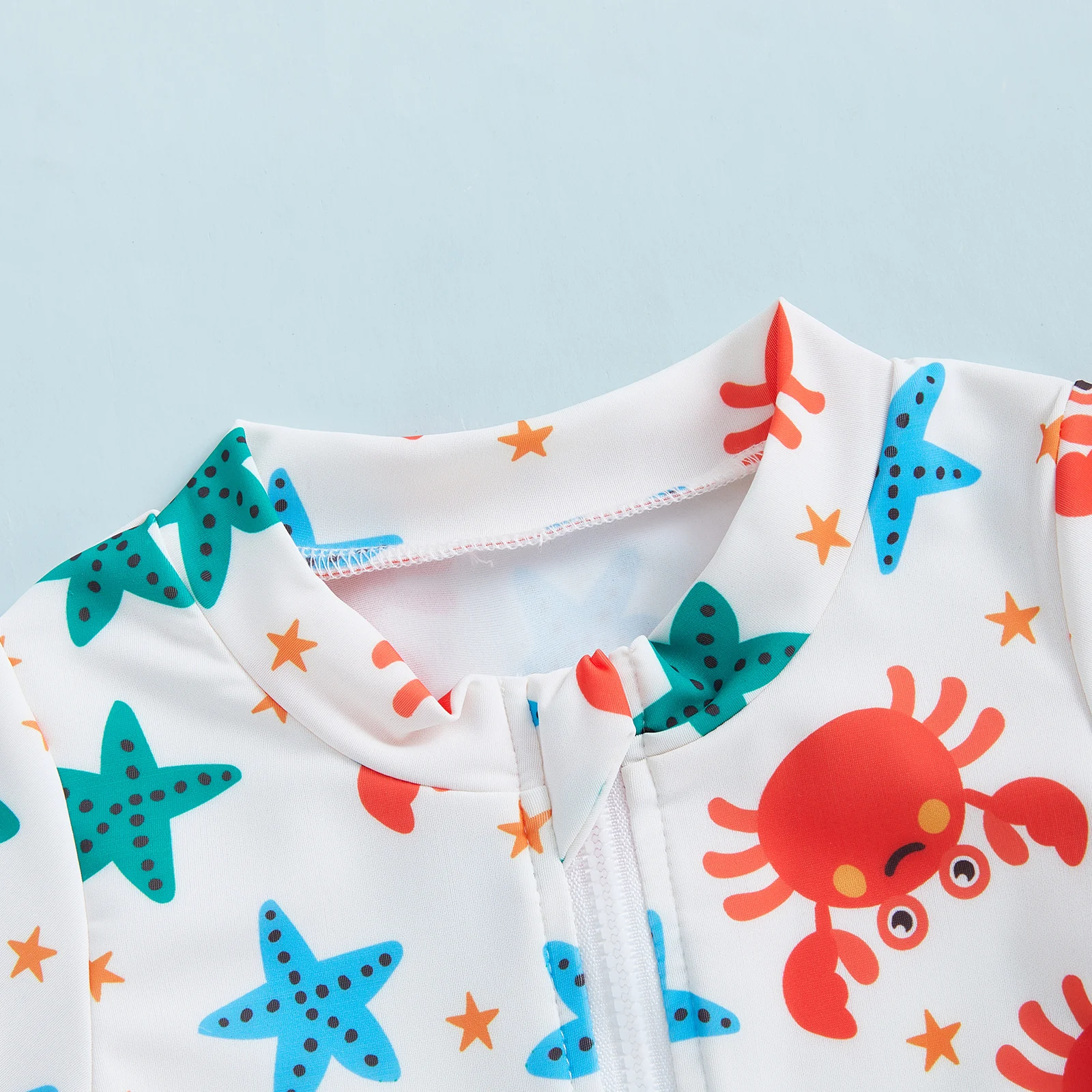 Toddler Summer Swimwear for Baby Boys Rash Guard Swimsuits Crab Starfish Print Zipper Short Sleeve Sun Protection Bathing Suit