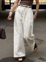 Pantalon en coton et lin blanc pour femmes, jambes larges, formel, été, jambe droite, costume, taille haute, pantalon formel pour dames, ample 1