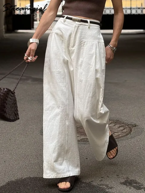 Pantalon en coton et lin blanc pour femmes, jambes larges, formel, été, jambe droite, costume, taille haute, pantalon formel pour dames, ample 1