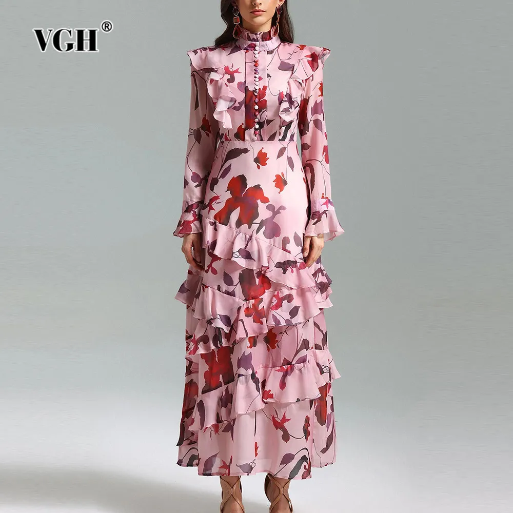 

VGH Hit Color Floral Printing Elegant Dress For Women Stand Collar Long Sleeve High Waist Spliced Ruffle Long Dresses Female New