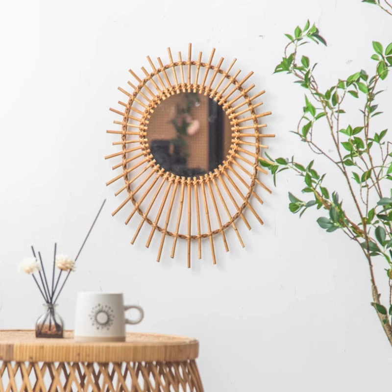INS Style Decorative Mirrors Natural Wicker Woven Vanity Mirror Nordic Wall Basket Decor Homestay Hanging Ornament Room Decor