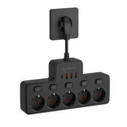 High - Power EU AC Plug Power Strip with Independent Switch and USB - C Charging - EU Plug Black