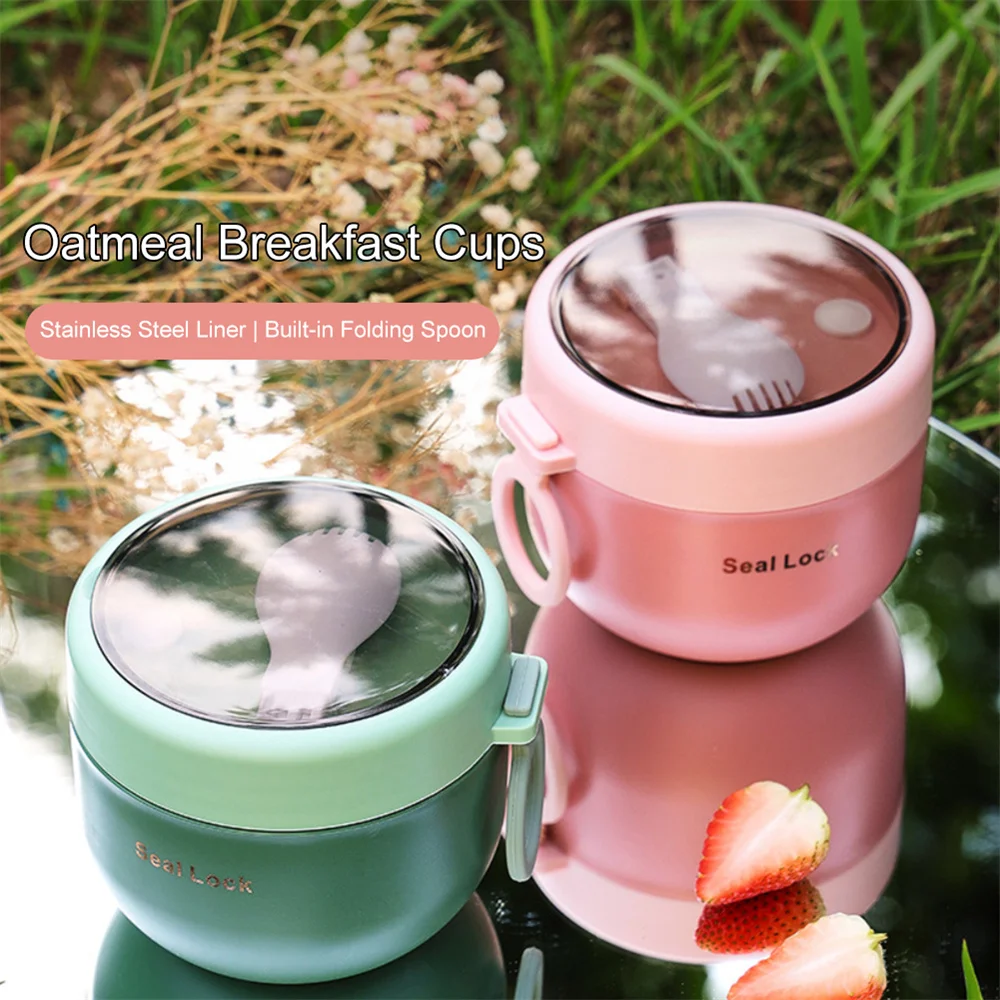 Portable Stainless Steel Soup Cup Lunch Box Food Containers Cute Shape Vacuum Flasks Thermo Cup Microwave Heating With Spoon