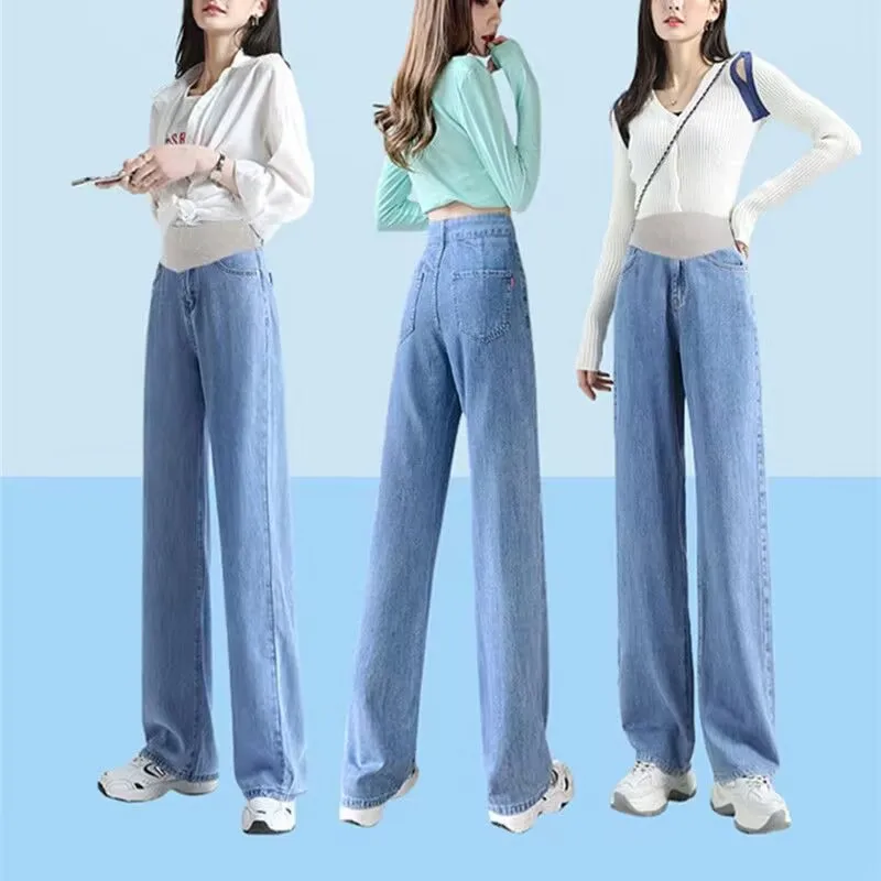 여름용 얇은 텐셀 데님 팬츠 루즈핏 임산부 배 받침 아우터웨어 롱 패셔너블 루즈핏 와이드 레그 스트레이트 컷