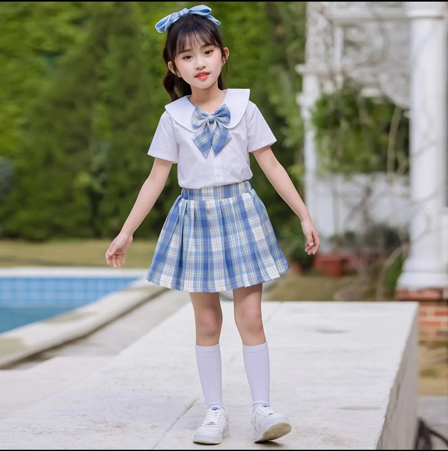 2024 summer new girls sailor short white bowknot T shirt blouse + jk plaid pleated skirt suit teenager children set 4 12 year - Image 2