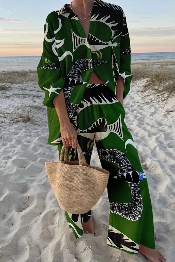 2024Geometric Print Two Piece Women Sets Spring Single Breasted Lapel Shirt & Wide Leg Pants Outfits Autumn Long Sleeve Suit
