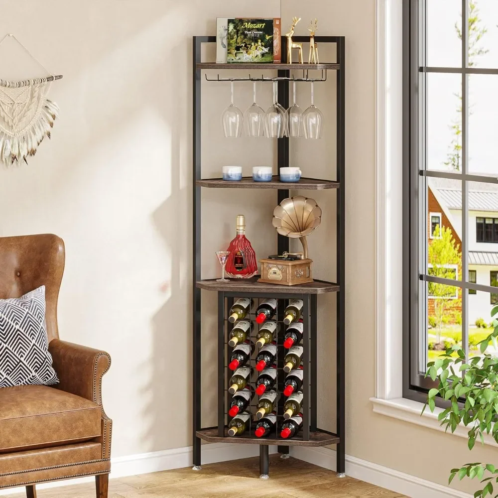 Corner Wine Rack with Glass Holder and Storage Shelves, 4 Tier Bar Wine Cabinet, Industrial Corner Cabinets - Image 2