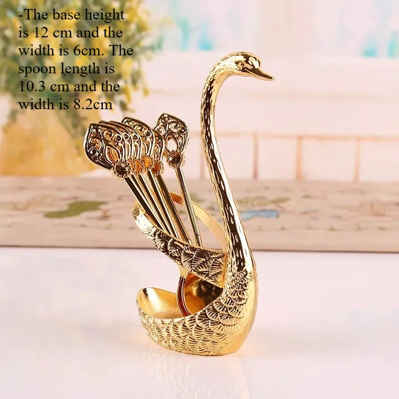 Coffee Spoon Set Metal Swan Base Holder Dessert Spoon Organizer with 6pcs Spoons Teaspoon Dessert Flatware Set for Coffee/Fruit