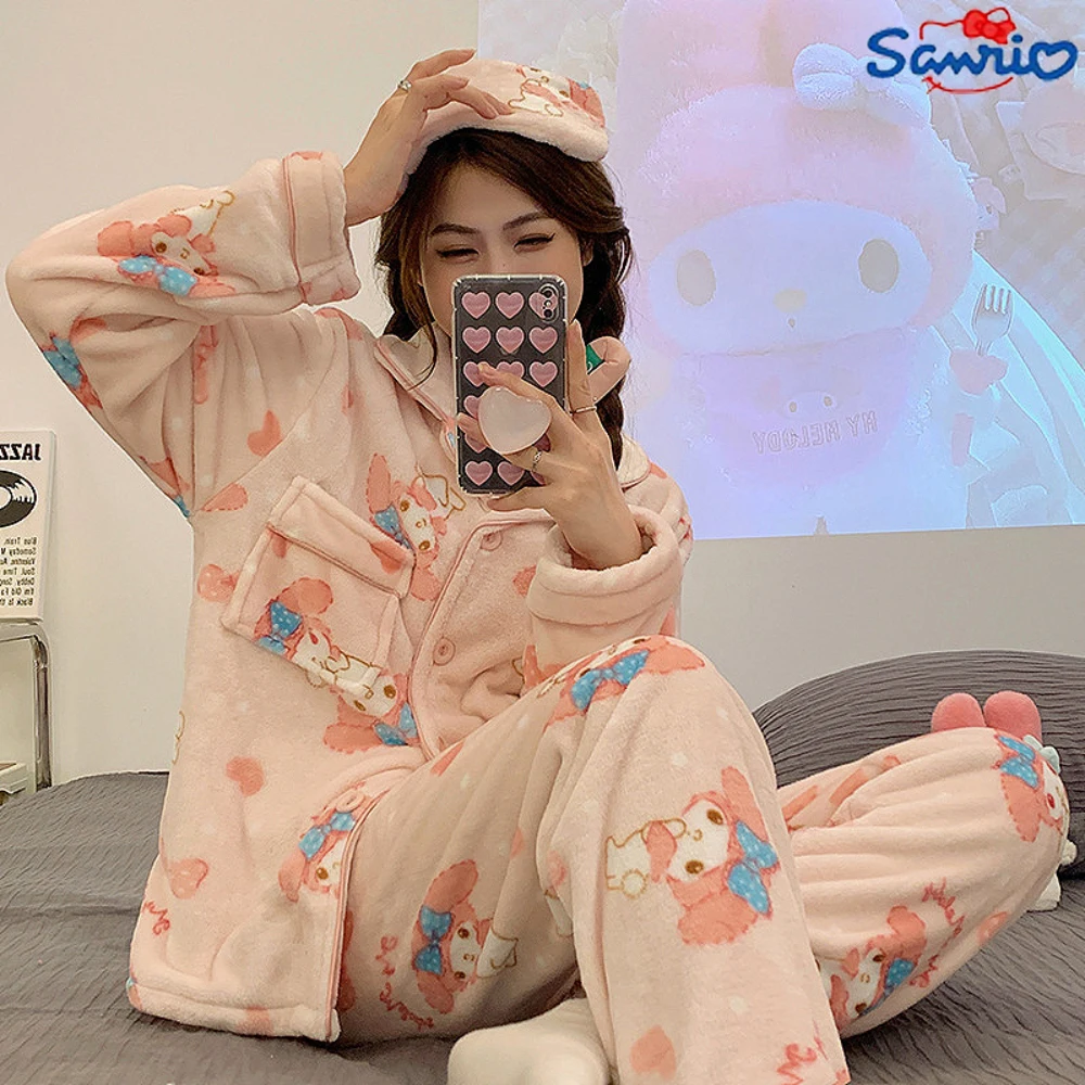 

Winter New Sanrio Kuromi My Melody Pajamas Women's Warm and Cute Cartoon Outwear Home Furnishing Set