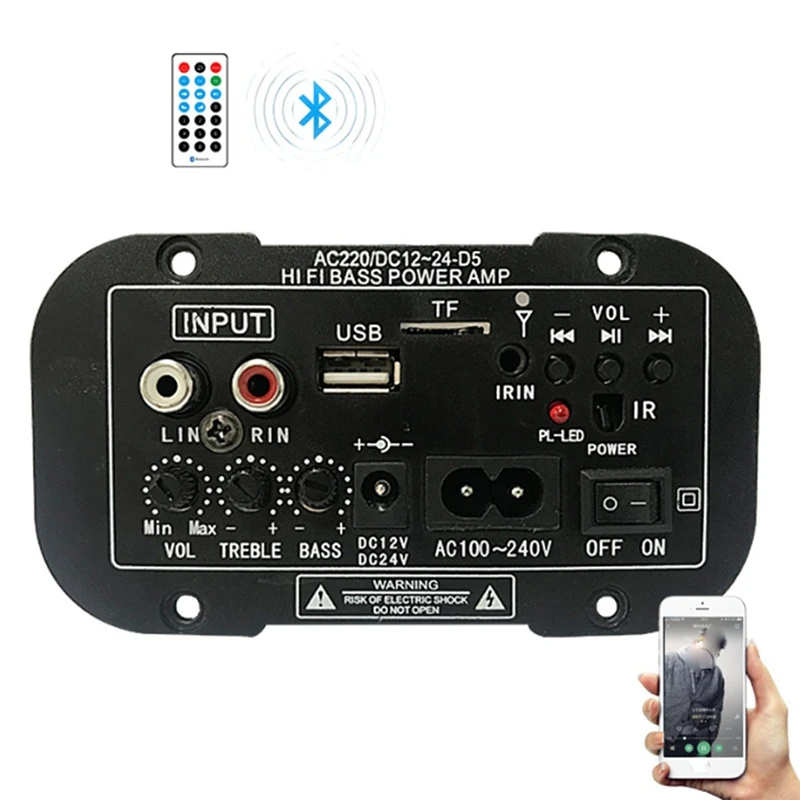 가정용 및 차량용 디지털 파워 앰프, 내장 블루투스, 12V 24V 220V 서브우퍼, 마이크 포함 U 디스크 앰프 (US 플러그)