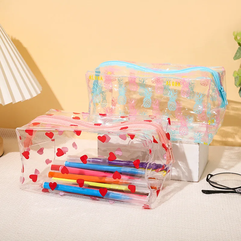 Transparent Zipper Makeup Bag Women Travel Clear Stationery Cosmetics Organizer Box Heart Waterproof Toiletry Wash Make Up Bags 2