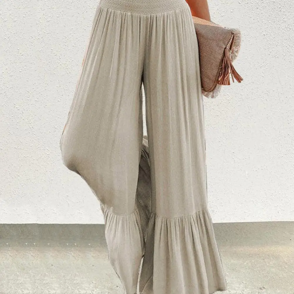 Women Plus Size Spring Autumn Flared Pants High Waist Wide Leg Casual Pants Solid Color Draped Ruffle Cuffs Yoga Trousers