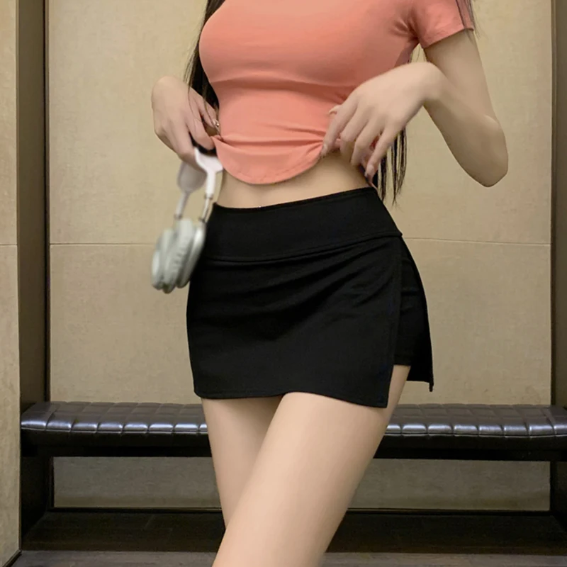 Women Sexy Low-waisted Casual Side Split Sports Yoga Solid Color Fashion Slim Wrap Buttocks Short Skirts 2