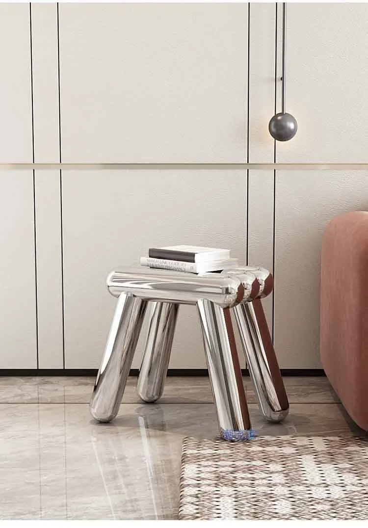 Edelstahlhocker, Schuhwechselhocker für zu Hause, Fußhocker, Metallsitze, luxuriöser Kunsthocker, Freizeitstuhl, nordische Möbel, individuell gestaltet – Detail 1