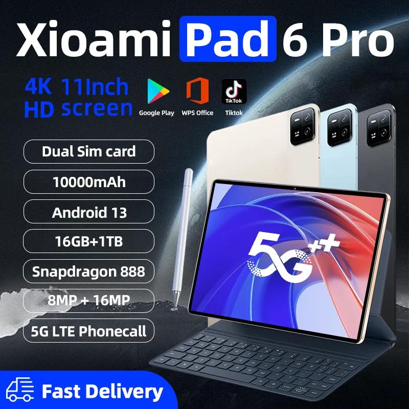 2024 오리지널 글로벌 버전 HD 패드 6 프로 태블릿 PC, 스냅드래곤 888, 10000mAh, 안드로이드 13 RAM, 16GB ROM, 1TB, 5G 화면, 와이파이, 미 탭