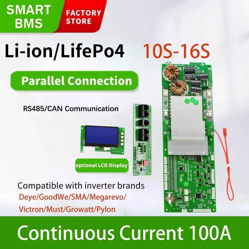 Jbd Smart Lifepo4 Inverter Bms 15S 16S 100A 48V 60V Bms Family Energy Storage Support Parallel Bms Balance Board Con 6Ntcs