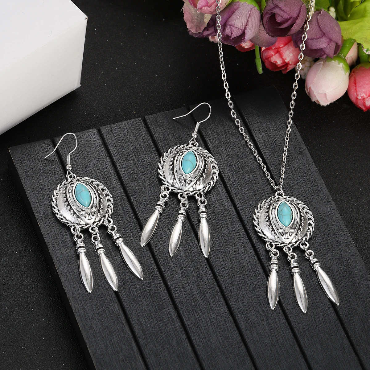 Ethnic Silver Plated Geometric Carved Tassel Jewelry Set with Blue Turquoise