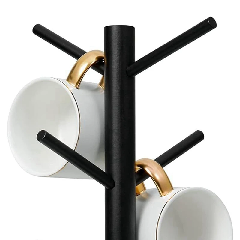 VEHO-Bamboo Coffee Cup Holder With 6 Hooks, Thickened Base Black Mug Tree, Counter Storage Rack