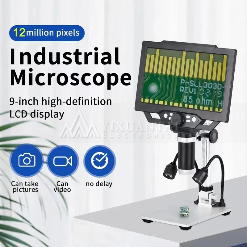 9 Inch 1080P LCD Digital Microscope 50X-1600X Soldering Electronics Microscopes With LED Lights Support PC Computer