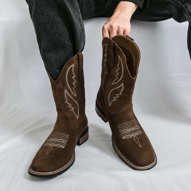 New Western Men's Cowboy Boots Vintage Mid-calf Motorcycle Boots Fashion Suede Leather Men's Boots Outdoor Casual Riding Boots - 2