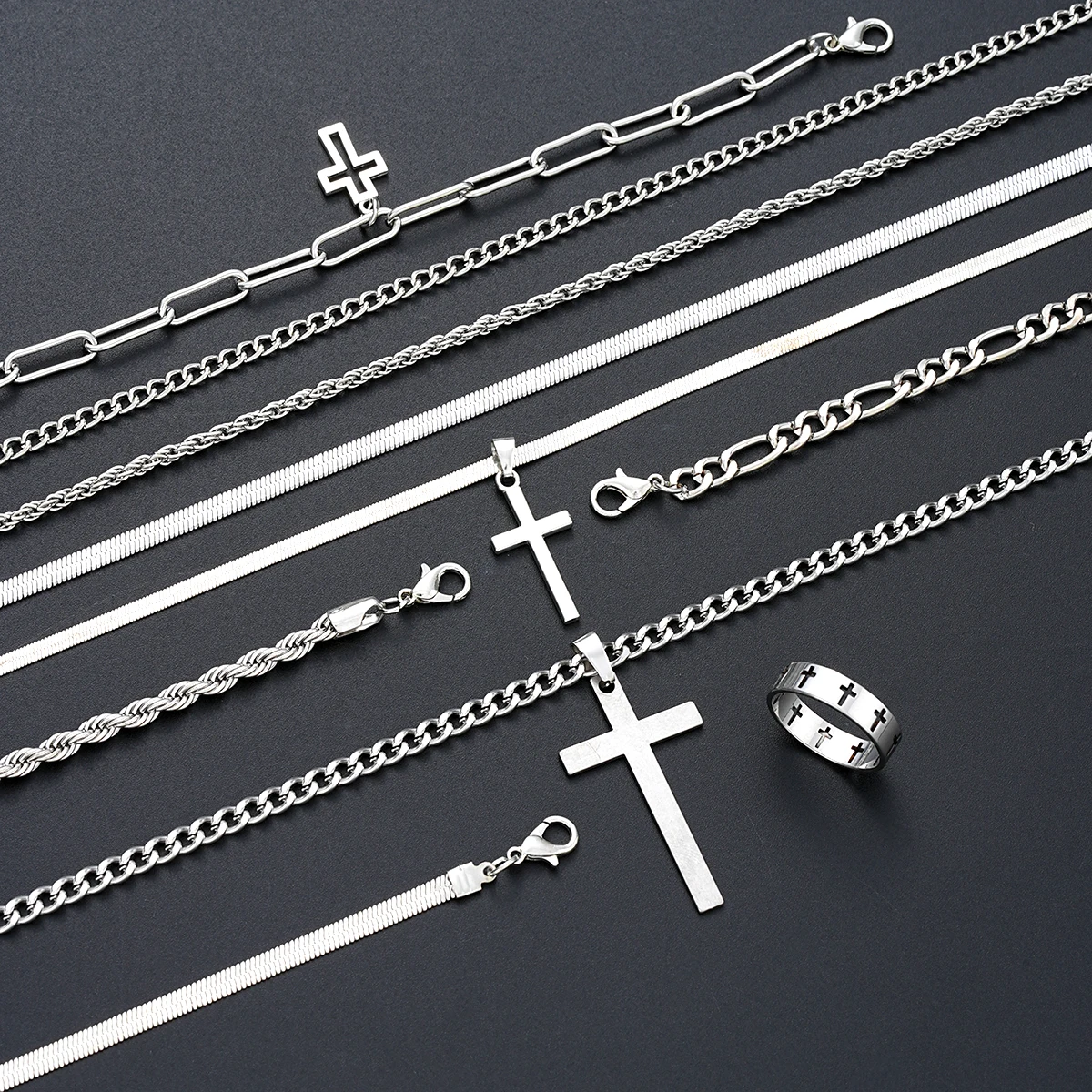 10 Pcs Casual Street Punk Stainless Steel Hollow Cross Pendant Necklace Bracelet Ring Fashion Jewelry Set For Men Women Gift New