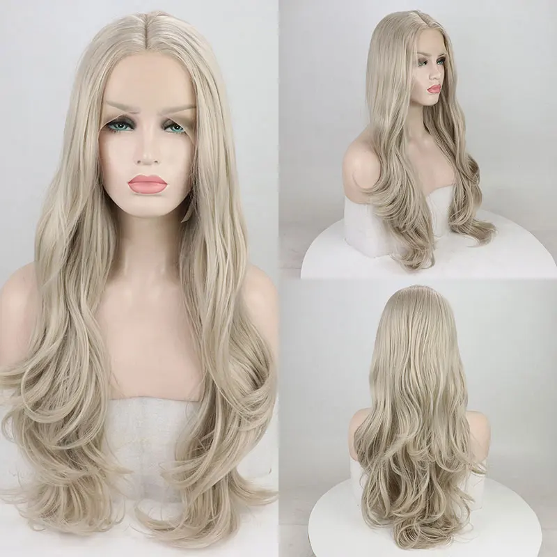 

High Quality Synthetic Lace Front Wig Glueless Light Grey Wavy Heat Resistant Fiber Preplucked Hairline For Women Free Shipping