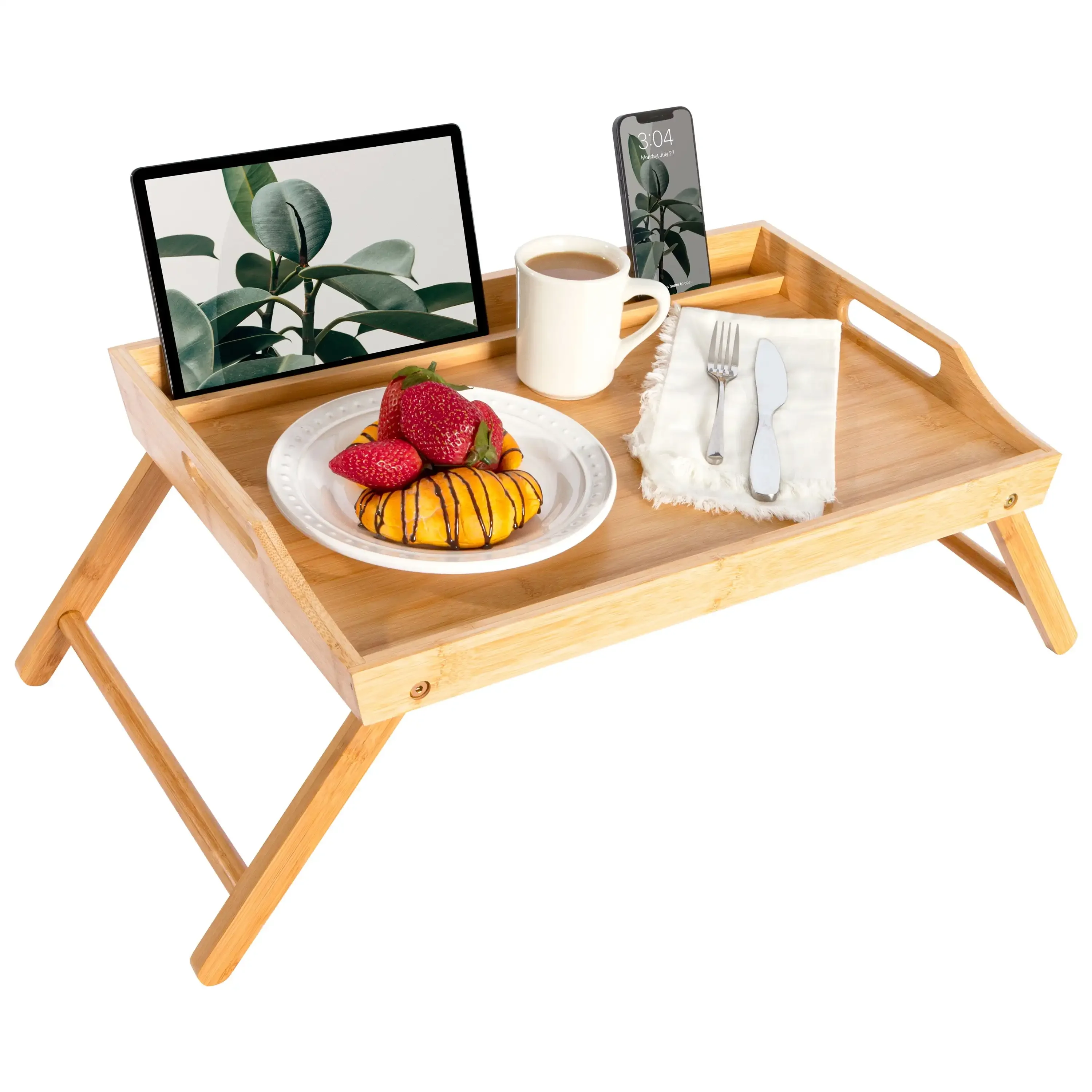 

Media Bed Tray / Breakfast Table with Phone/Tablet Holder - Natural Bamboo (Fits up to 12.9" Tablet/17.3" Laptop)