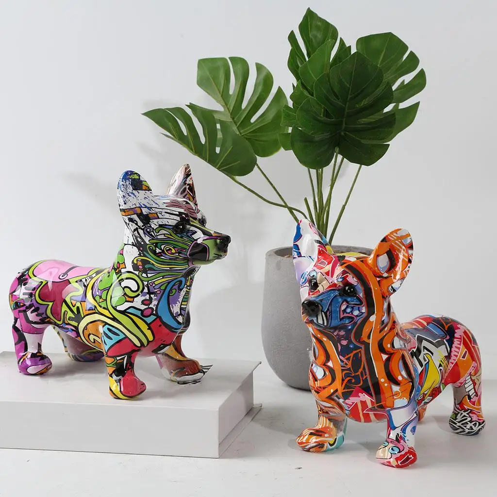 Simple Resin Crafts Home Furnishings Colorful Resin Dog Statue Corgi Statues for Office Decor Entrance Wine Cabinet