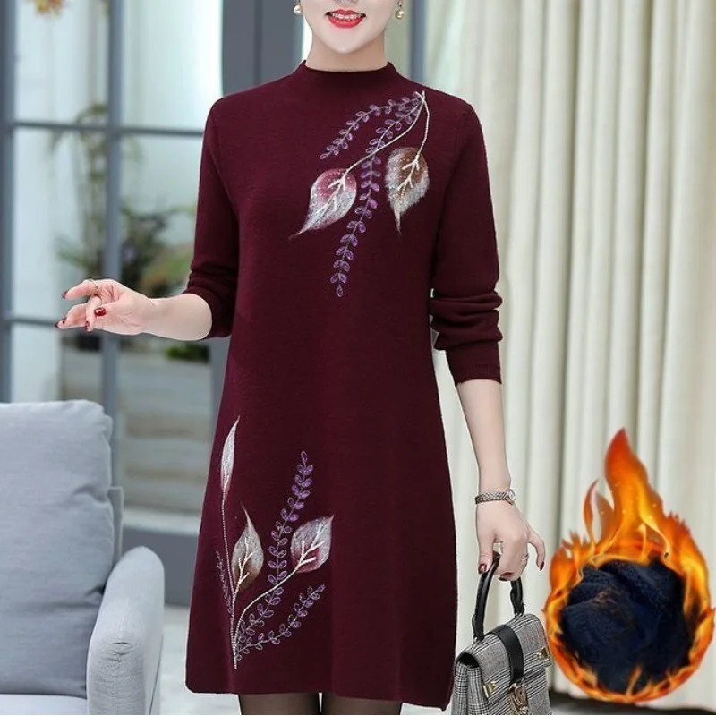 

Autumn Winter Women's Half High Neck Long Sleeve Solid Printing Slim Pullover Midi Bottom Fashion Casual Office Lady Dress L285