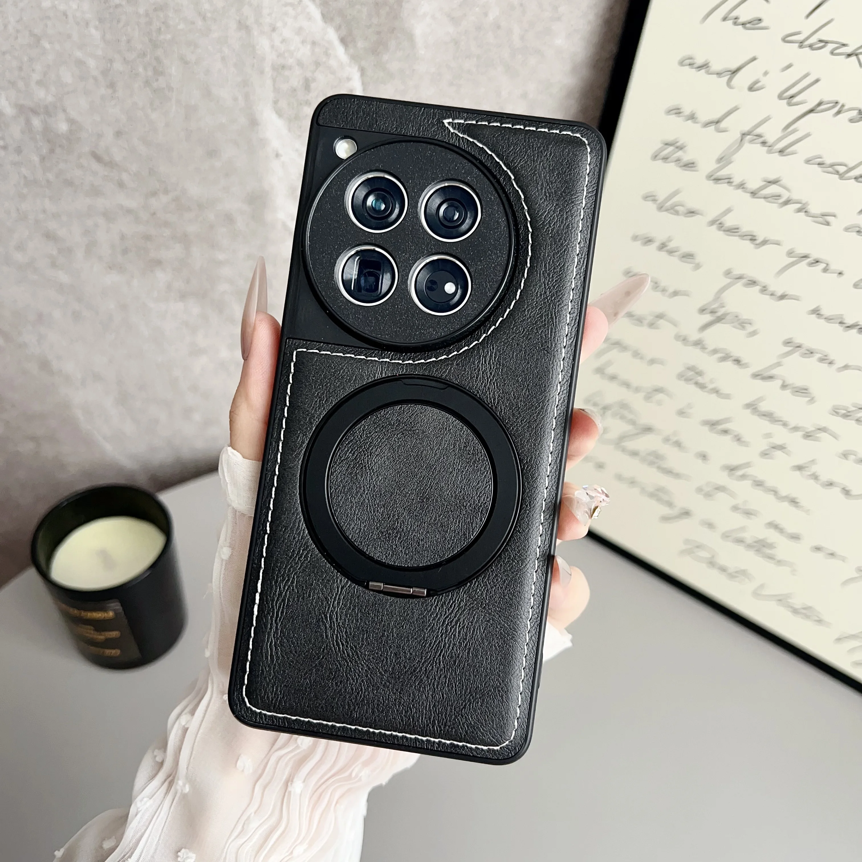 Rotating Magnetic Leather Texture Phone Case with Magsafe Ring Holder and Bumper Cover
