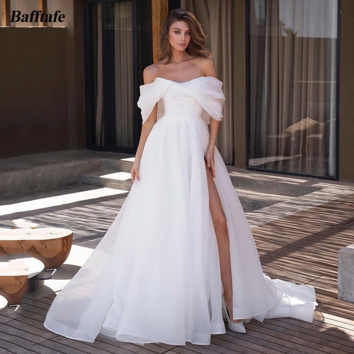 

Bafftafe A Line Organza Wedding Dresses For Bride Nude Color Scoop Beaded Bridal Party Dress Slit Side Sweep Train Wedding Gowns