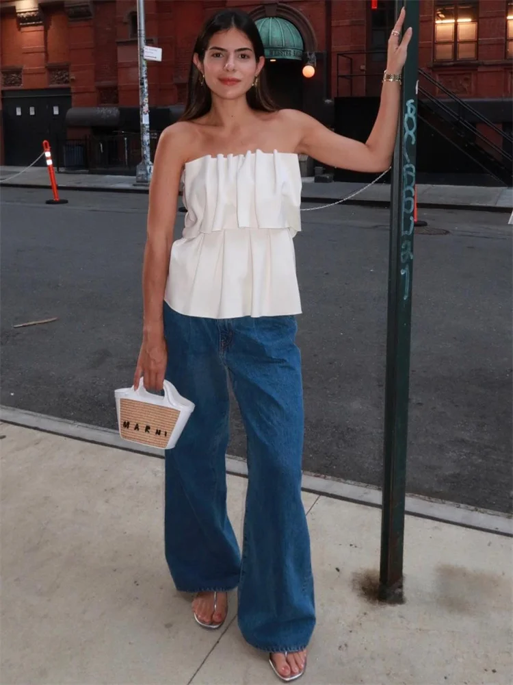 White Pleated For Women Tube Tops Backless Slim Patchwork Casual Summer Elegant Y2k Top High Waist Solid Bandeau Crop top