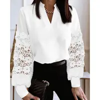 Elegant Retro Women's Long Sleeved Shirt V-neck Lace Fashionable Top for Ladies - Image 2